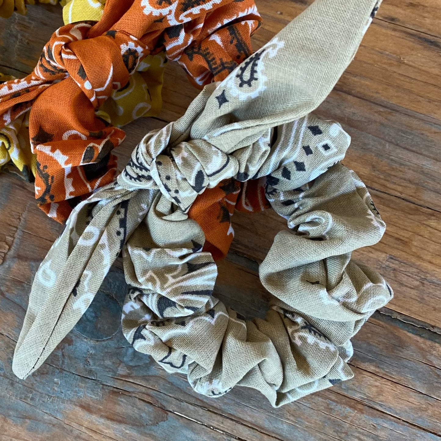 Burnt Orange Removable Tie Paisley Bandana Scrunchies SET of 3