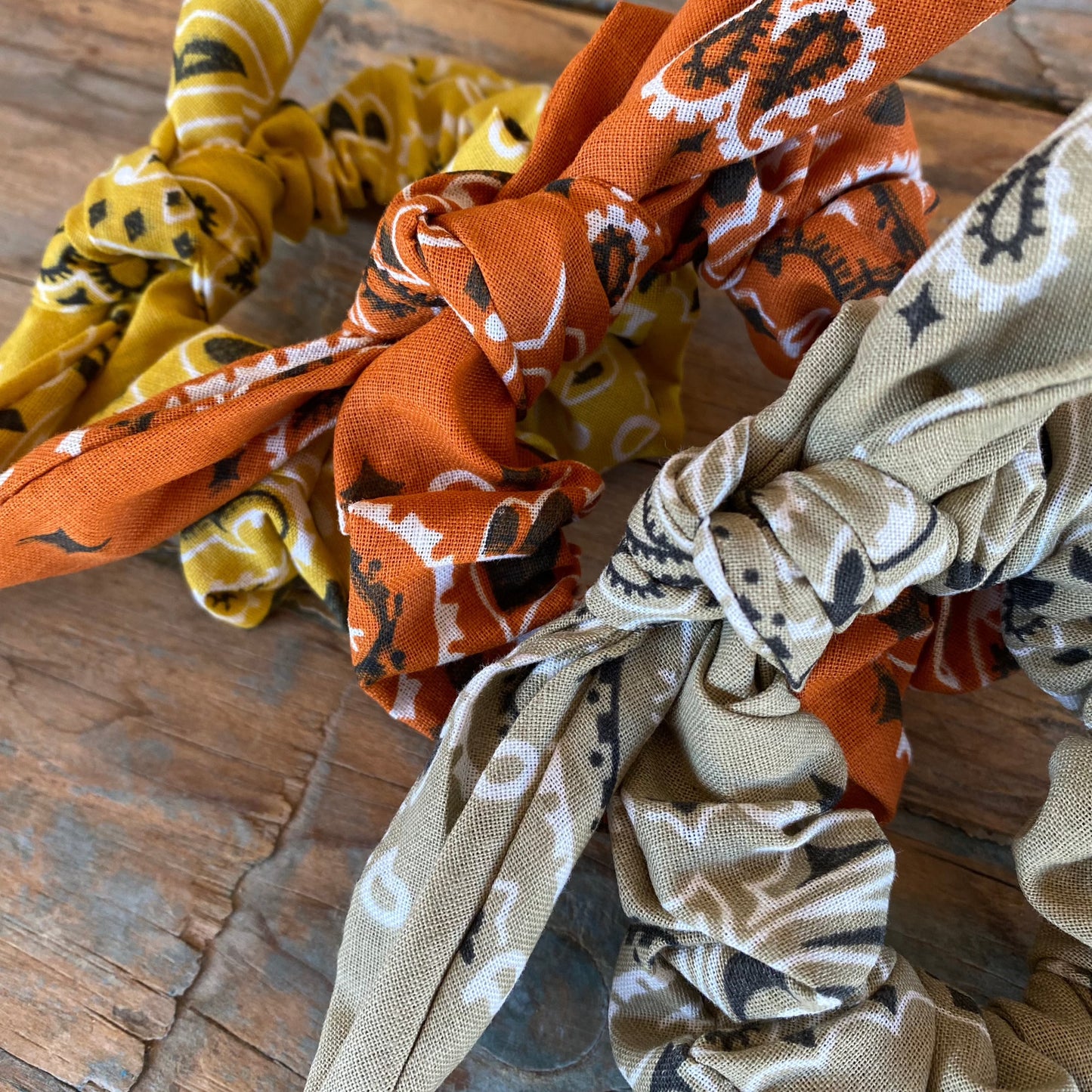 Burnt Orange Removable Tie Paisley Bandana Scrunchies SET of 3