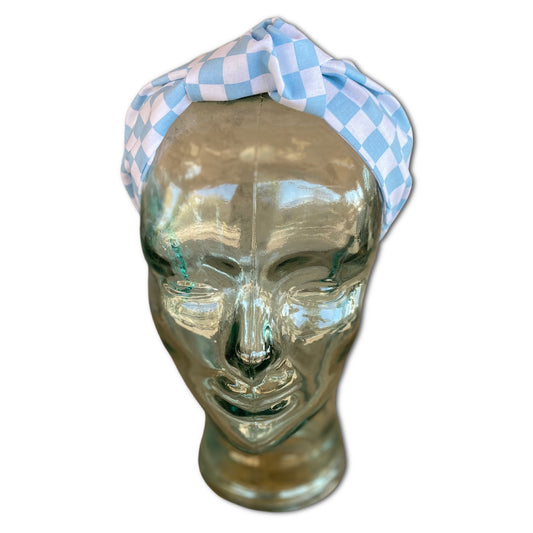 Light Blue Checkerboard Top Knot Headband