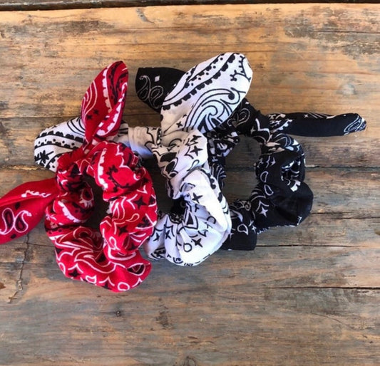 Red, White Black Removable Tie Paisley Bandana Scrunchies SET of 3