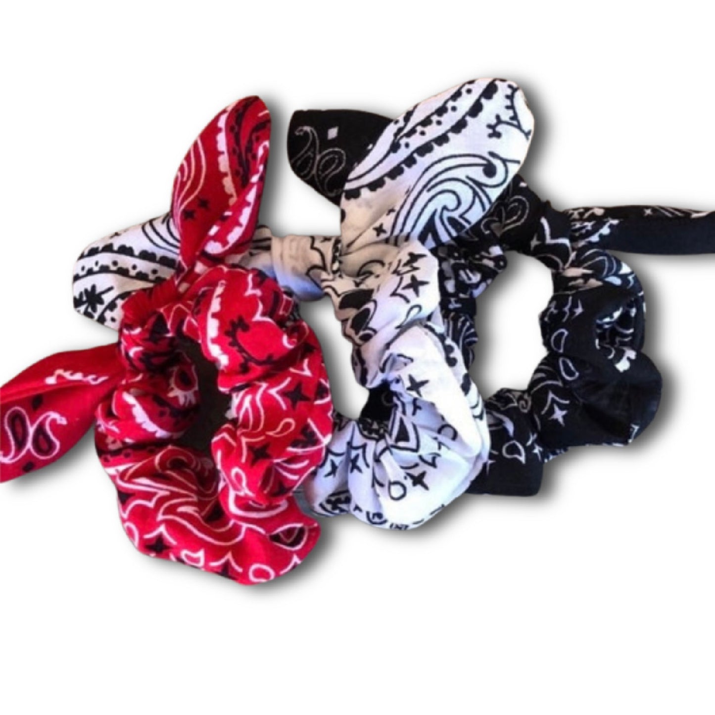 Red, White Black Removable Tie Paisley Bandana Scrunchies SET of 3