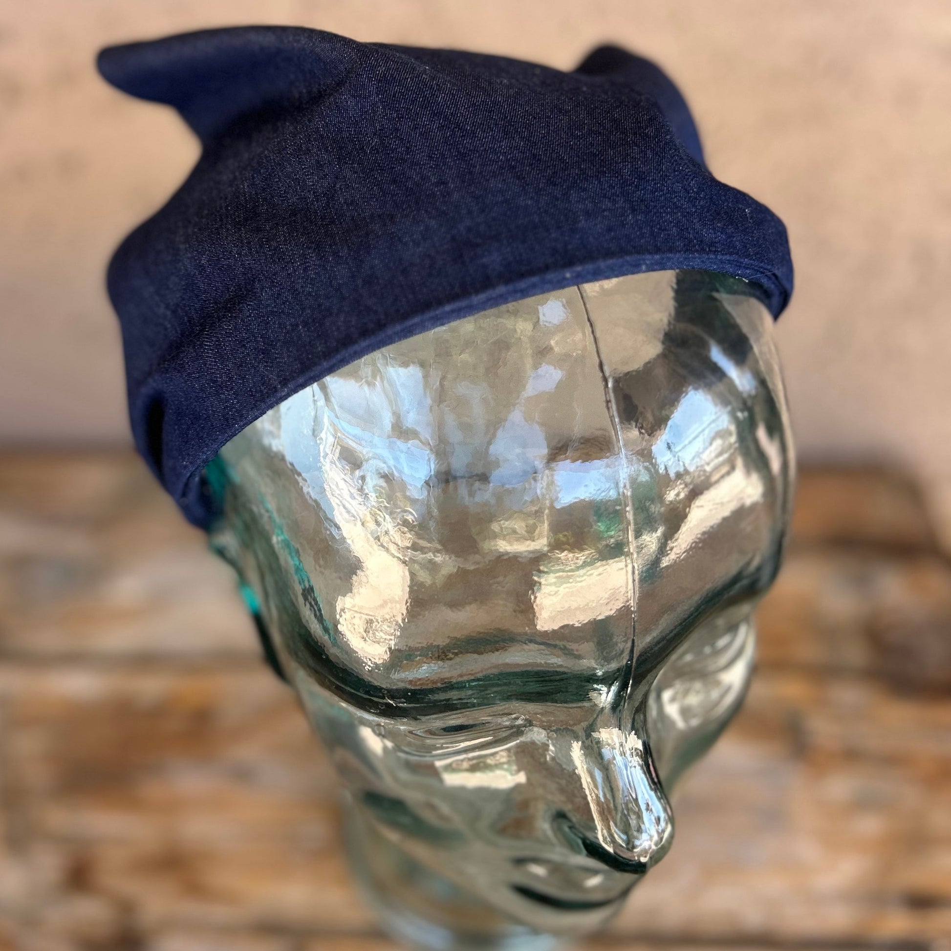 chambray cotton headband head scarf on a glass head
