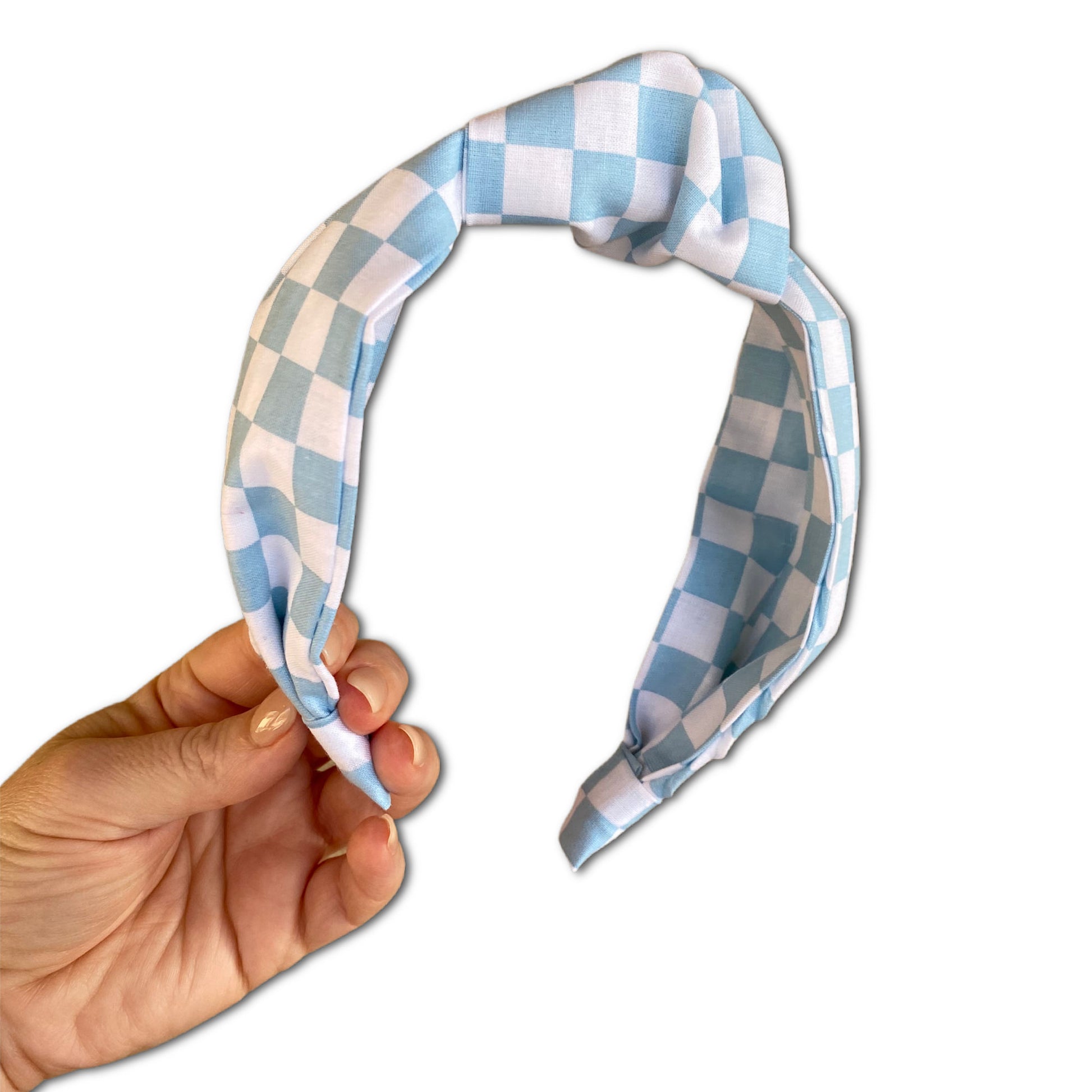 Light blue and white checkerboard fabric headband