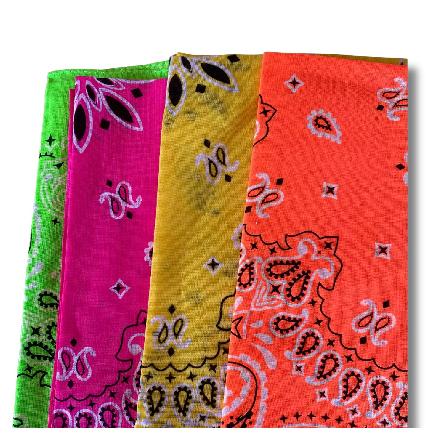 Four bandanas in green, pink, yellow, and orange with paisley patterns on a white background.