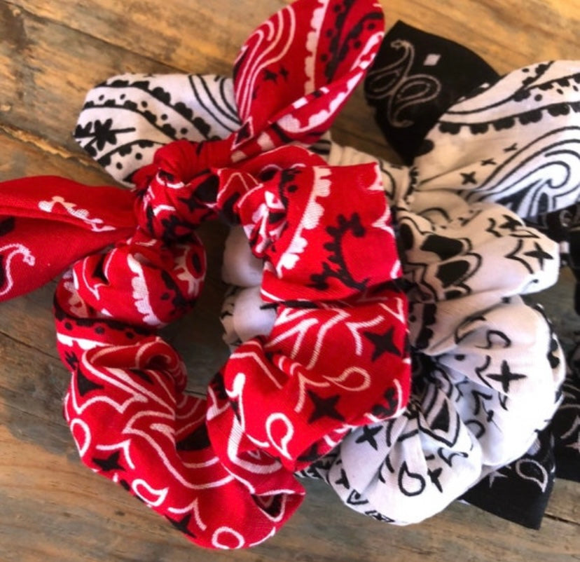 Red, White Black Removable Tie Paisley Bandana Scrunchies SET of 3