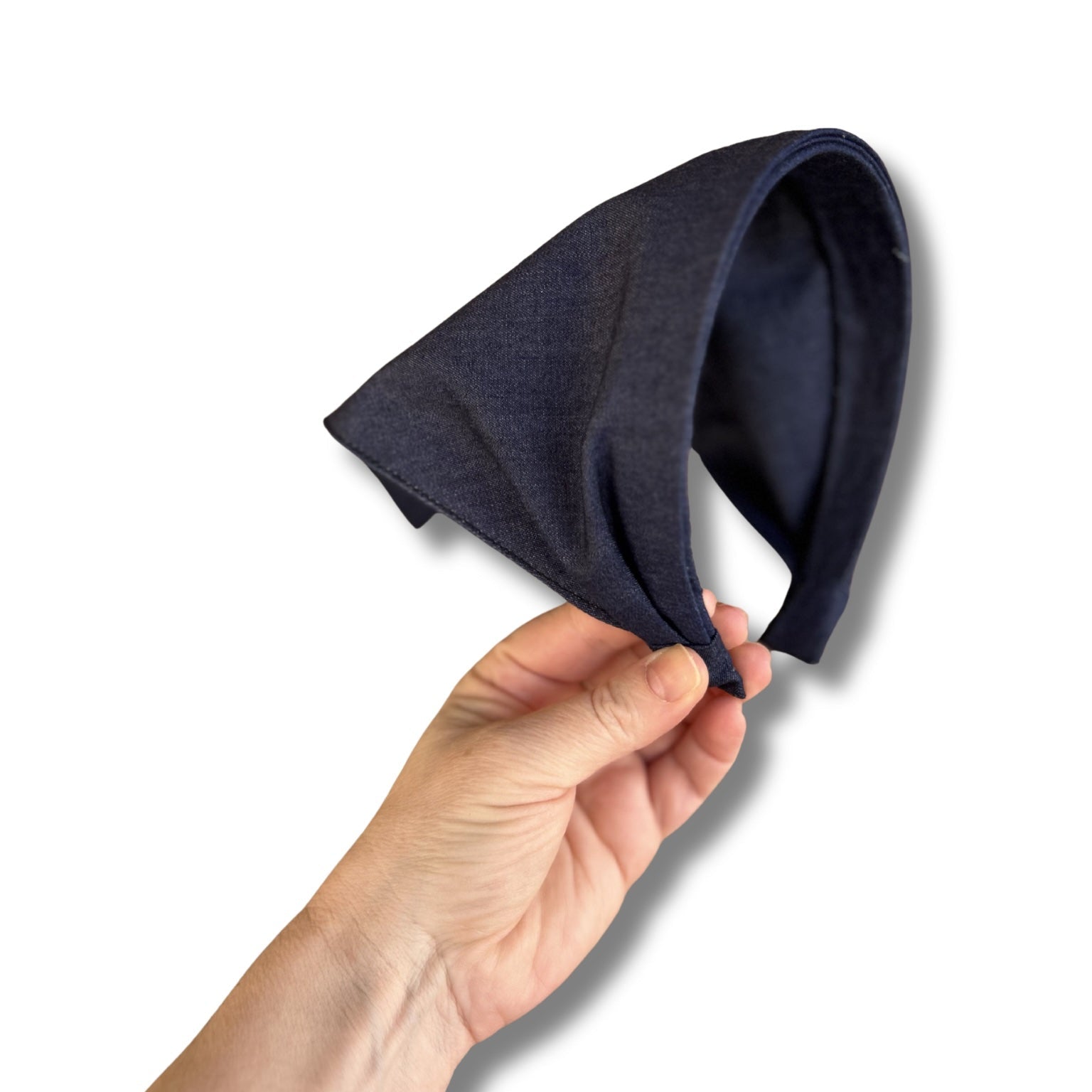 indigo chambray lightweight cotton triangle handkerchief bandana on a headband