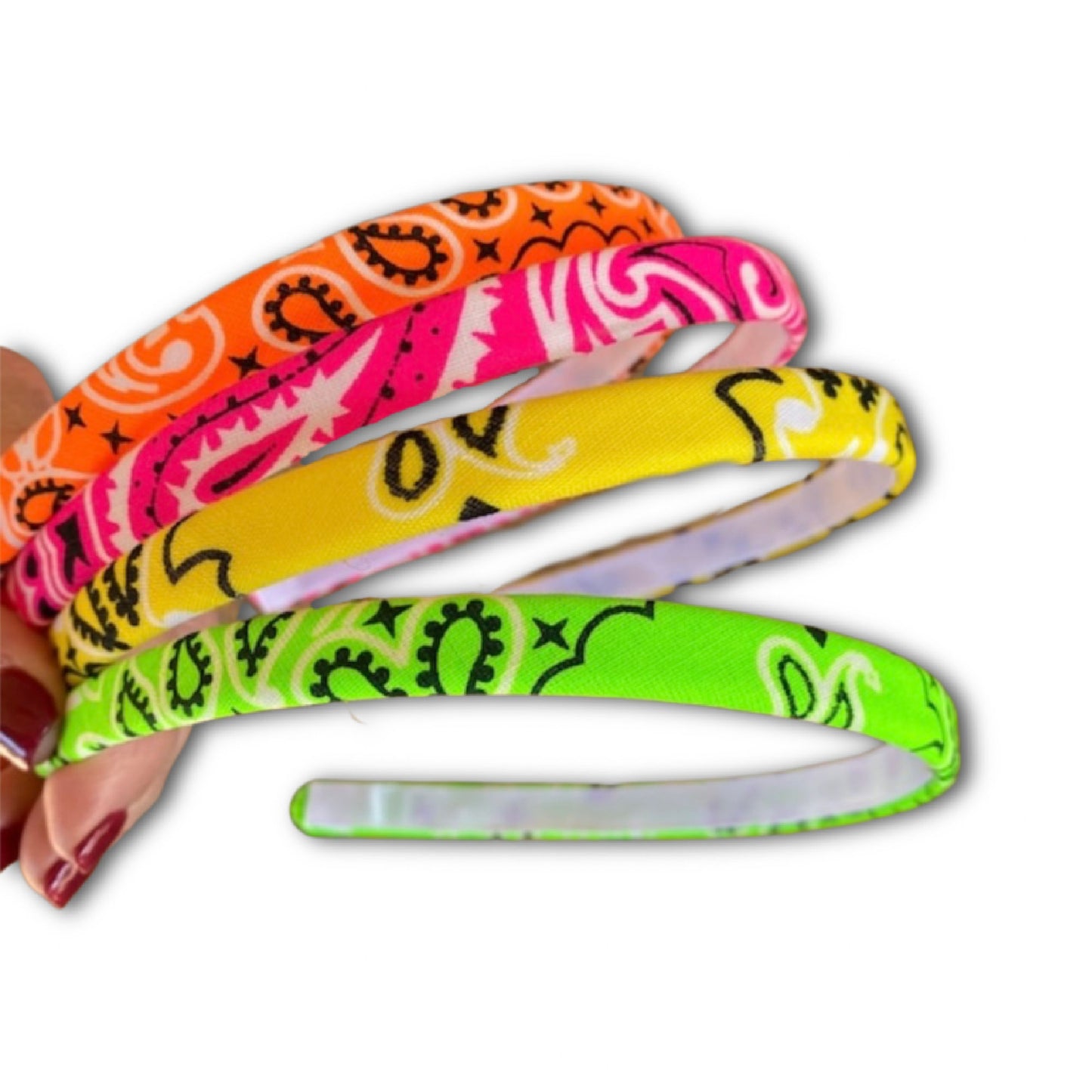 Neon orange, pink, yellow and green paisley printed bandana headbands