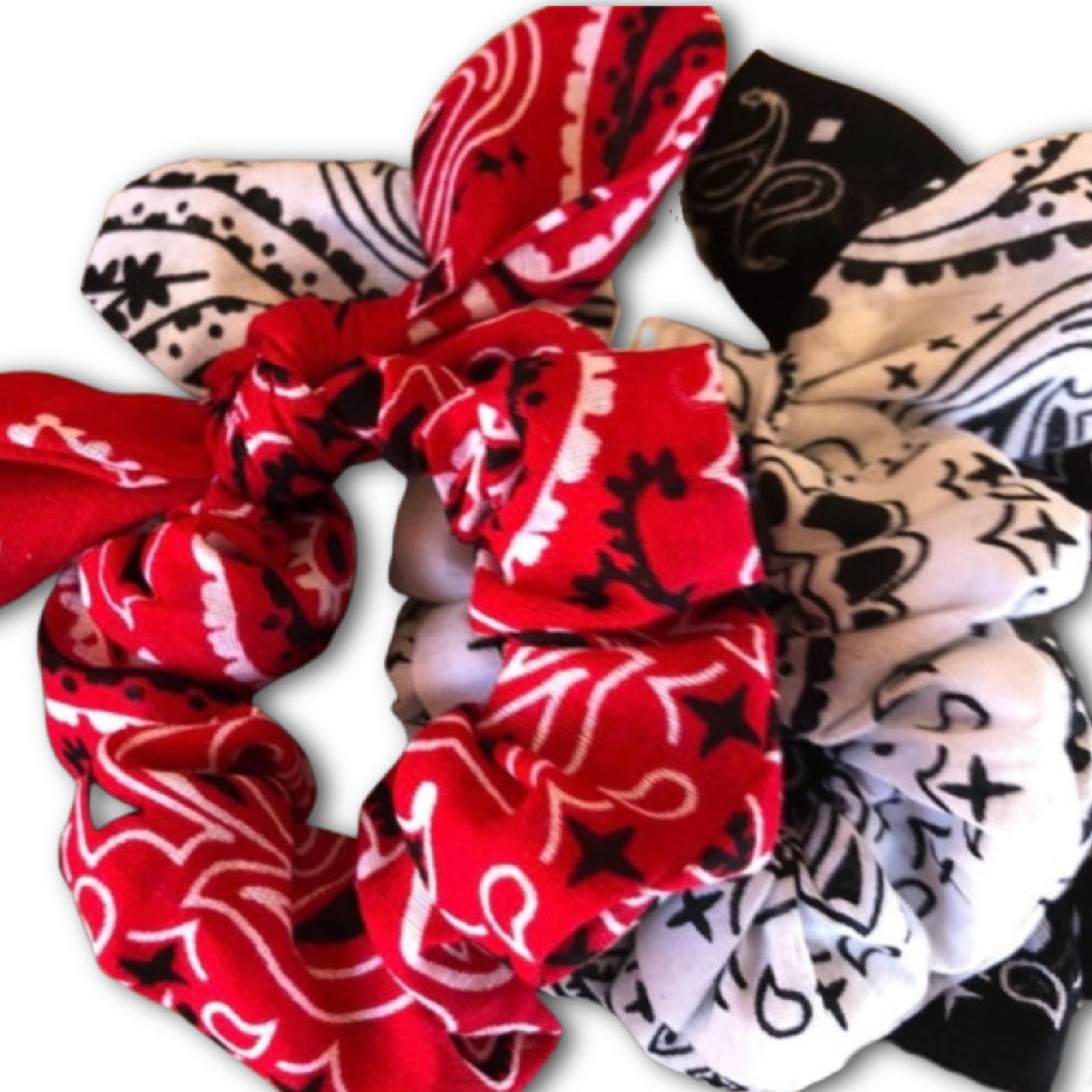 Red, White Black Removable Tie Paisley Bandana Scrunchies SET of 3