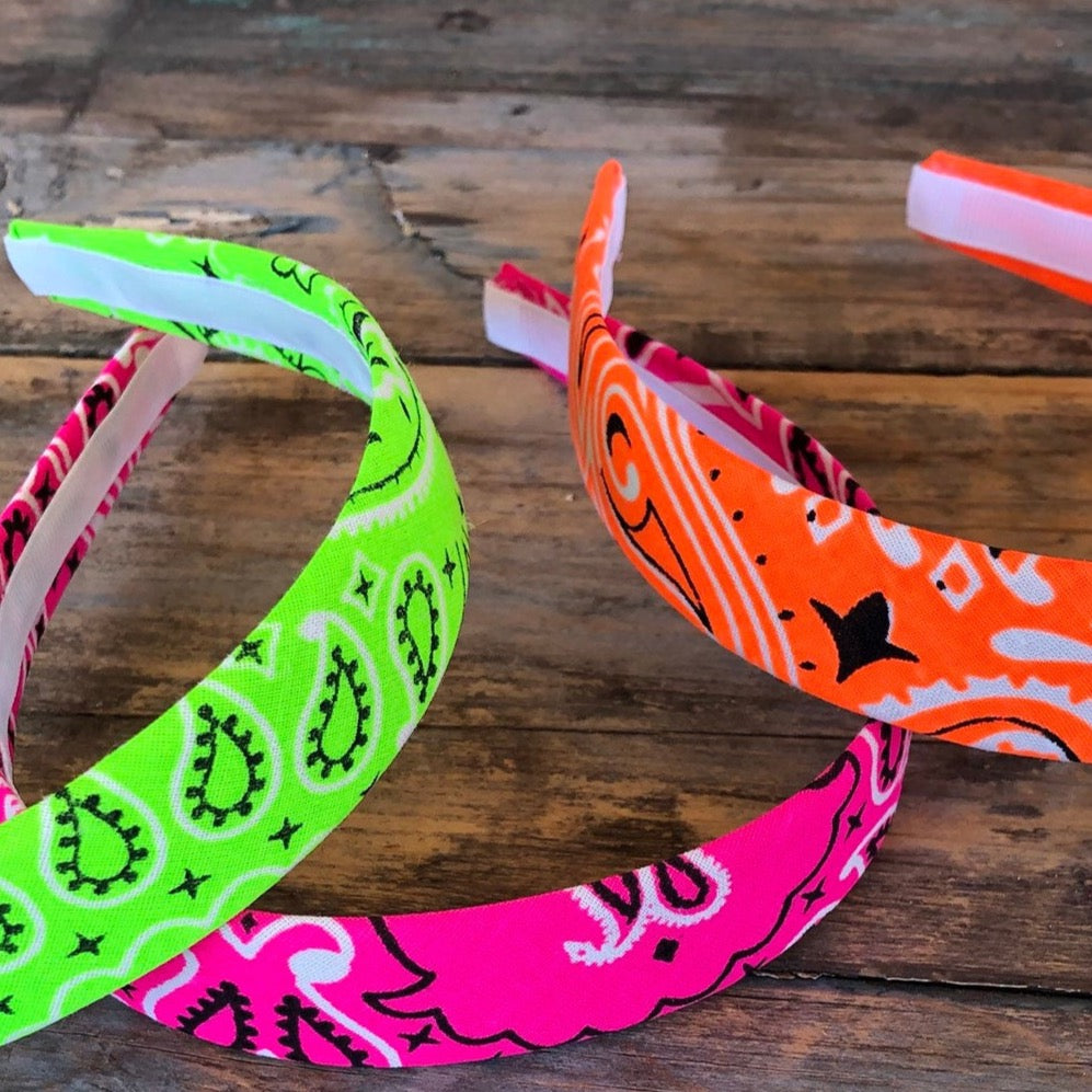 Bright neon colored bandana paisley headbands