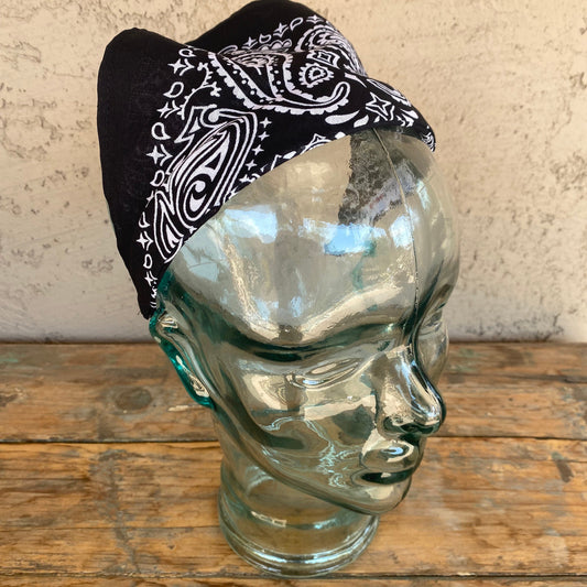 Black paisley bandana kerchief head scarf has been added to a comfortable headband. no more ties 